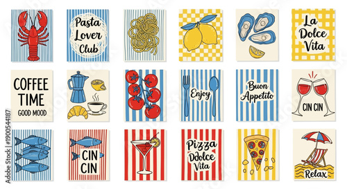 A collection of 18 colorful, hand-drawn illustrations featuring various food and drink items, Italian phrases, and leisure themes on striped backgrounds, perfect for postcards or kitchen decor.