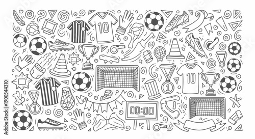 Hand-drawn doodle style illustration of various soccer and football elements, including balls, jerseys, goals, trophies, and equipment, arranged in a playful pattern.