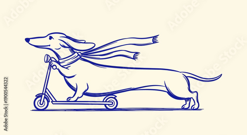 A whimsical blue line drawing of a dachshund dog with a scarf riding a kick scooter, depicting speed and fun.