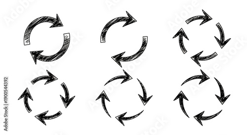 A collection of hand-drawn circular arrow icons representing cycles and processes, presented in a grid layout.