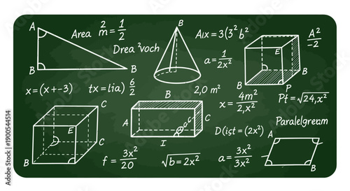 A green chalkboard displaying various geometric shapes and mathematical formulas, including triangles, cones, cubes, and parallelograms, with equations written in chalk.