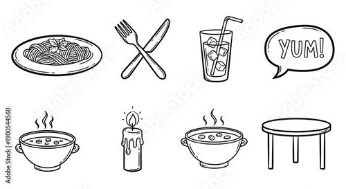 A collection of hand-drawn black and white icons representing food, dining, and a celebratory atmosphere.