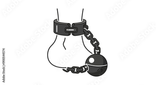 Monochrome illustration of ankle shackle with ball and chain