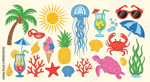 A vibrant collection of colorful summer-themed illustrations, including tropical fruits, marine life, beach accessories, and refreshing beverages.