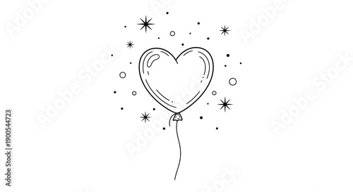 A simple line drawing of a heart-shaped balloon floating upwards with sparkles around it.