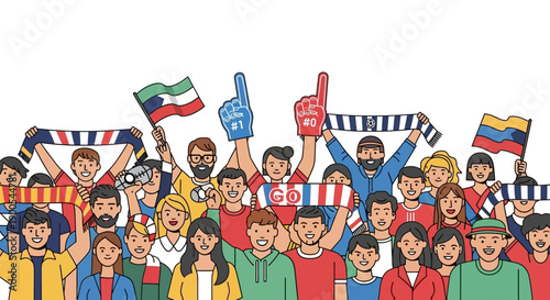 Diverse Crowd of Enthusiastic Fans Cheering with Flags and Scarves