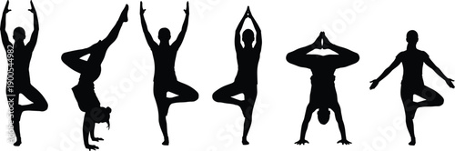 Set of yoga silhouettes with woman performing various asana poses, female figures in tree pose and handstand, wellness and fitness vector illustration