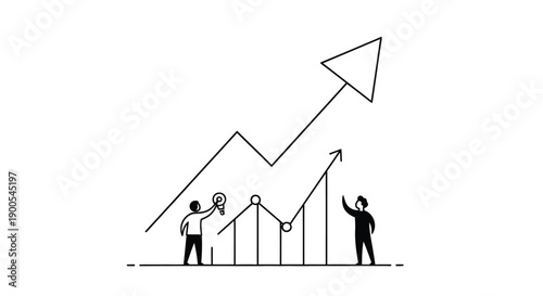 Minimalist illustration depicts business people collaborating to achieve soaring growth and upward trend symbolized by a line graph with an arrow.