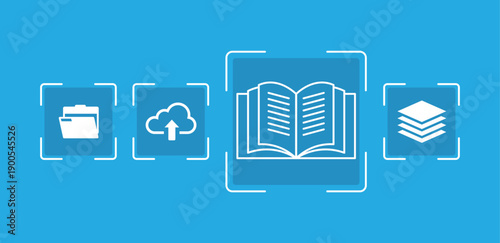 Open book with digital icons knowledge learning education vector illustration flat design