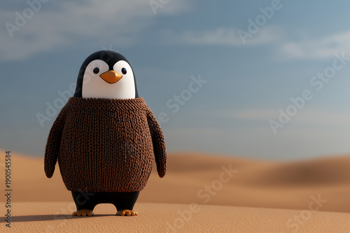 Cute penguin desert sweater joyful chaos surreal scene furry animal brown knitwear warm sand blue sky sunlight horizon fantasy character adventure