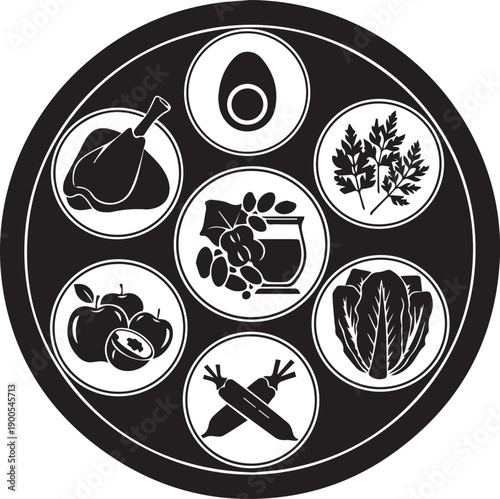 Passover seder plate vector illustration containing symbolic ritual food items for jewish holiday