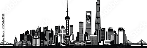 Shanghai China city skyline silhouette vector illustration, featuring Oriental Pearl Tower, financial district skyscrapers, bridges, and urban landmarks, isolated black cityscape design