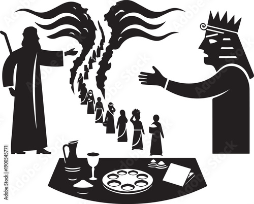 Passover seder vector illustration featuring exodus scenes with people leaving egypt and ritual food