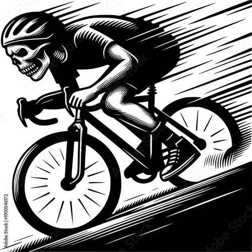 Grim Rider: A determined cyclist, rendered with stark black and white lines, races up a steep incline, their skeletal visage adding a touch of macabre intensity.