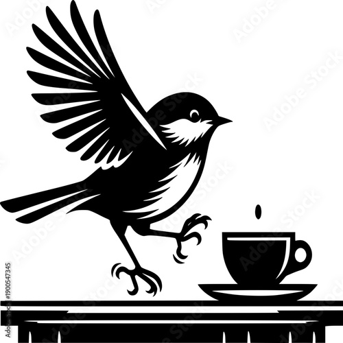 Bird and Coffee Serenade: A whimsical illustration depicts a bird's interaction with a coffee cup, creating a playful and artistic scene. 