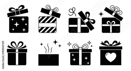Set of Black Gift Boxes with Ribbons and Stars, Isolated on White Background