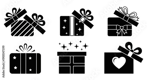 Set of Gift Box Icons with Ribbons and Bows, Vector Illustrations