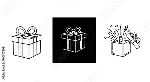 Gift Box Icons Collection: Wrapped Present, Black and White Gift, and Exploding Surprise