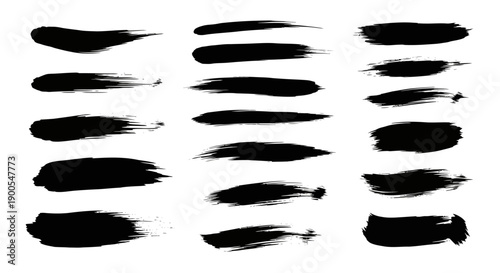 Set of Black Brush Strokes on White Background for Design