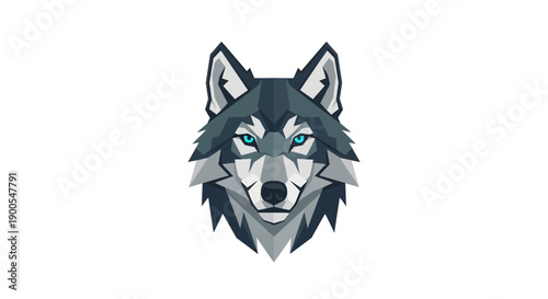 Stylized geometric wolf head logo with blue eyes on white background