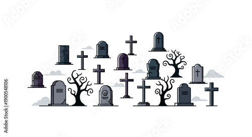 Vector illustration of spooky graveyard with tombstones and bare trees