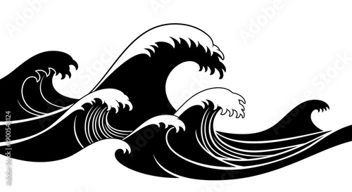 Abstract black and white illustration of ocean waves in motion