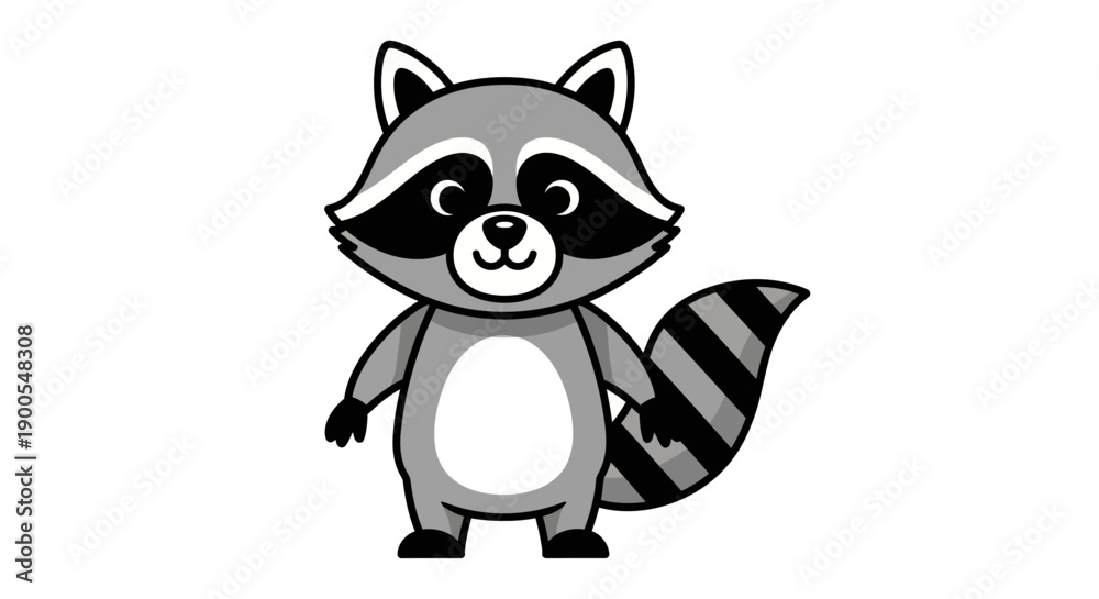 Obraz premium Cute cartoon raccoon character in black and white vector illustration