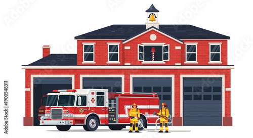 Firefighters in front of a red fire station with a fire truck