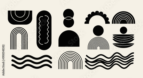 Abstract Geometric Shapes and Rainbows in Minimalist Black and Beige Design