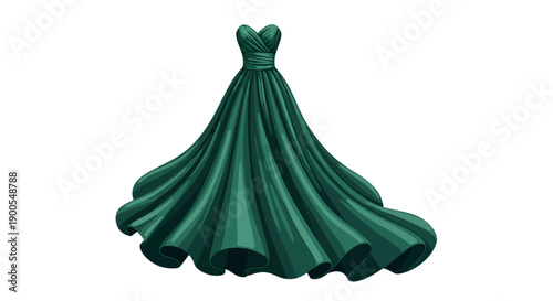 Elegant green evening gown with flowing skirt on white background