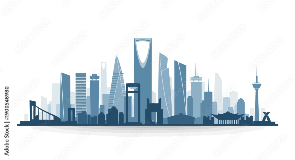 Obraz premium Modern city skyline silhouette with iconic skyscrapers in blue tones