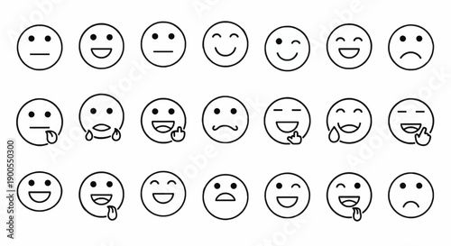Twenty one black line drawing emoji faces suitable for social media, communication, design, and creative projects with emotive expressions.