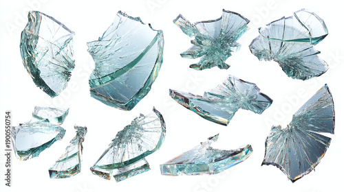 Shattered glass pieces isolated, revealing fragility and destruction