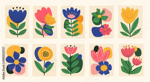 Set of 10 Abstract Mid-Century Modern Floral Illustrations with Geometric Shapes