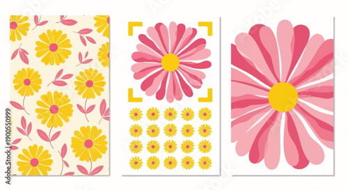 Collection of three floral graphic illustrations with daisy and leaf motifs in vibrant colors