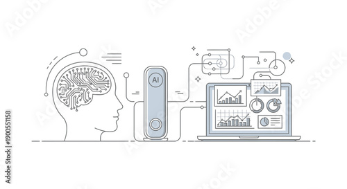 Conceptual illustration showing artificial intelligence processing data through a specialized device connected to a laptop displaying complex financial charts and analytics
