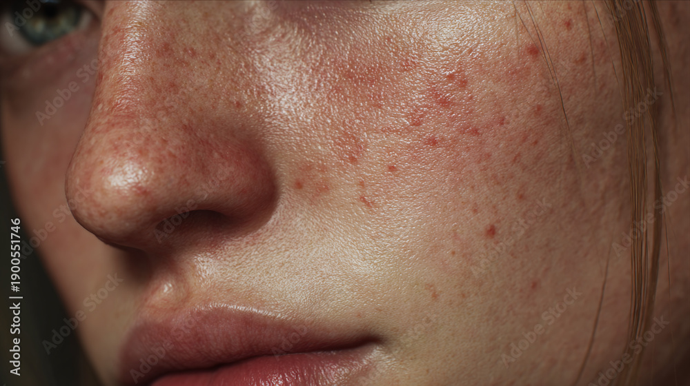 Obraz premium A close-up view of a woman's face, highlighting the skin's texture and natural features. Focus on facial details like freckles