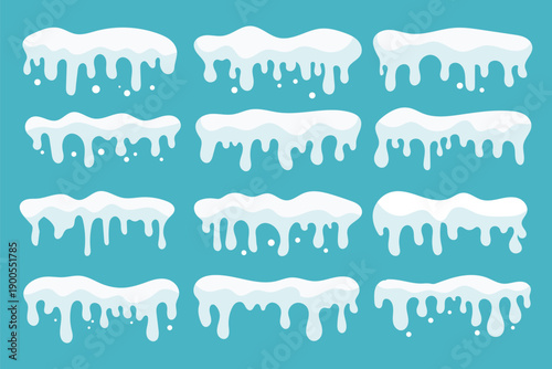 A set of snow caps, snowballs, and snowdrifts. Vector set of snow caps. Snow elements on a winter background. White snow caps or snowdrifts. Icy heaps. Frost weather. New year snowcap Frozen seasona