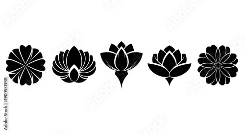 Set of five decorative black lotus flower icons on a white background
