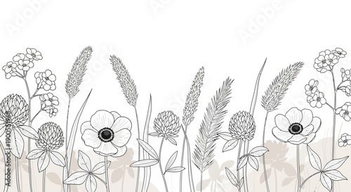 Delicate Sketch of Wildflowers and Grasses on a Neutral Background