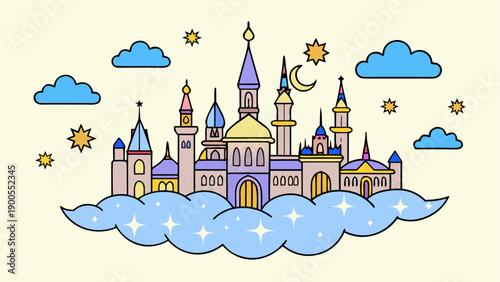 Whimsical fantasy castle on clouds with stars and moon