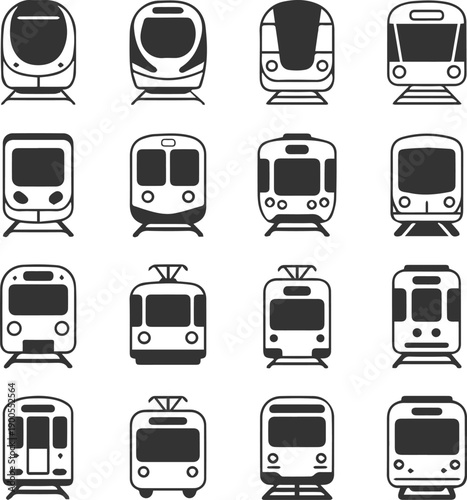 Front-view train icon grid 4x4 with copy space for transit projects