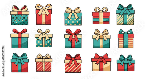 Collection of Decorative Gift Boxes with Bows and Ribbons, Festive Holiday Presents