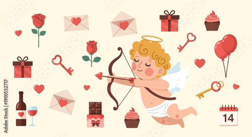 Cupid with Bow and Arrow Surrounded by Valentine's Day Symbols and Gifts