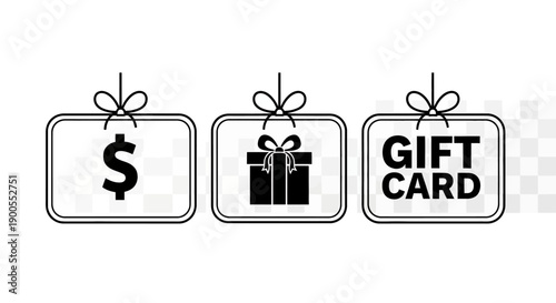 Gift Card, Dollar Sign and Gift Box Icons with Ribbons Hanging, Vector Illustration