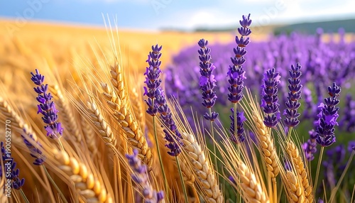 Close-up of golden wheat stalks and purple lavender flowers under a bright sunny sky