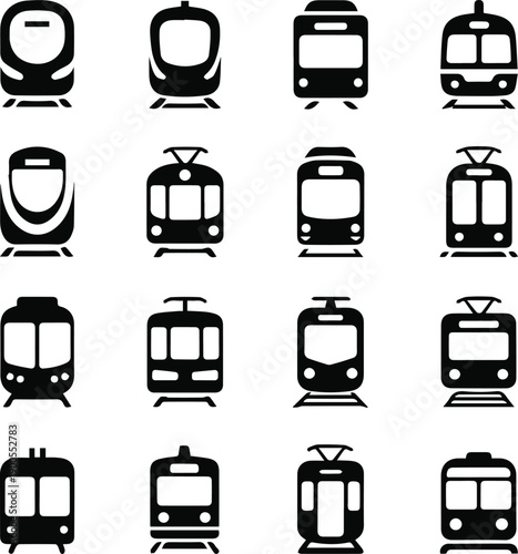  Collection of 16 train icons front view black and white