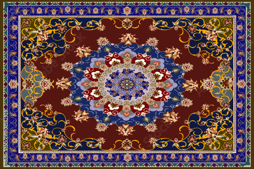 A classic Persian-style carpet design featuring a highly symmetrical composition with an intricate central medallion formed by layered geometric and floral motifs.