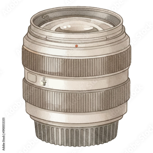 Camera Lens Watercolor Illustration for Summer Photography Hobby, Professional Photo Equipment Isolated on White Background
