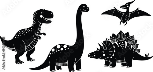 Charming set of black silhouette dinosaurs, featuring a T-Rex, long-necked Brontosaurus, Stegosaurus, Triceratops, and Pterodactyl.